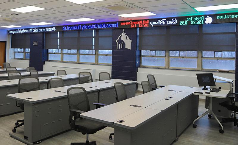 Business lab classroom with stock ticker